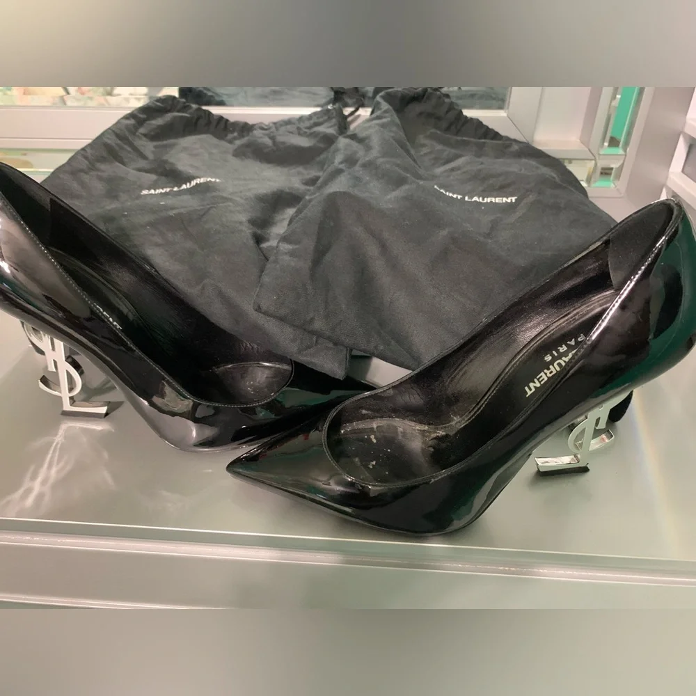 Yves Saint Laurent Black Patent Leather Opyum Heels with Silver YSL Logo Heels - Picture 4 of 5